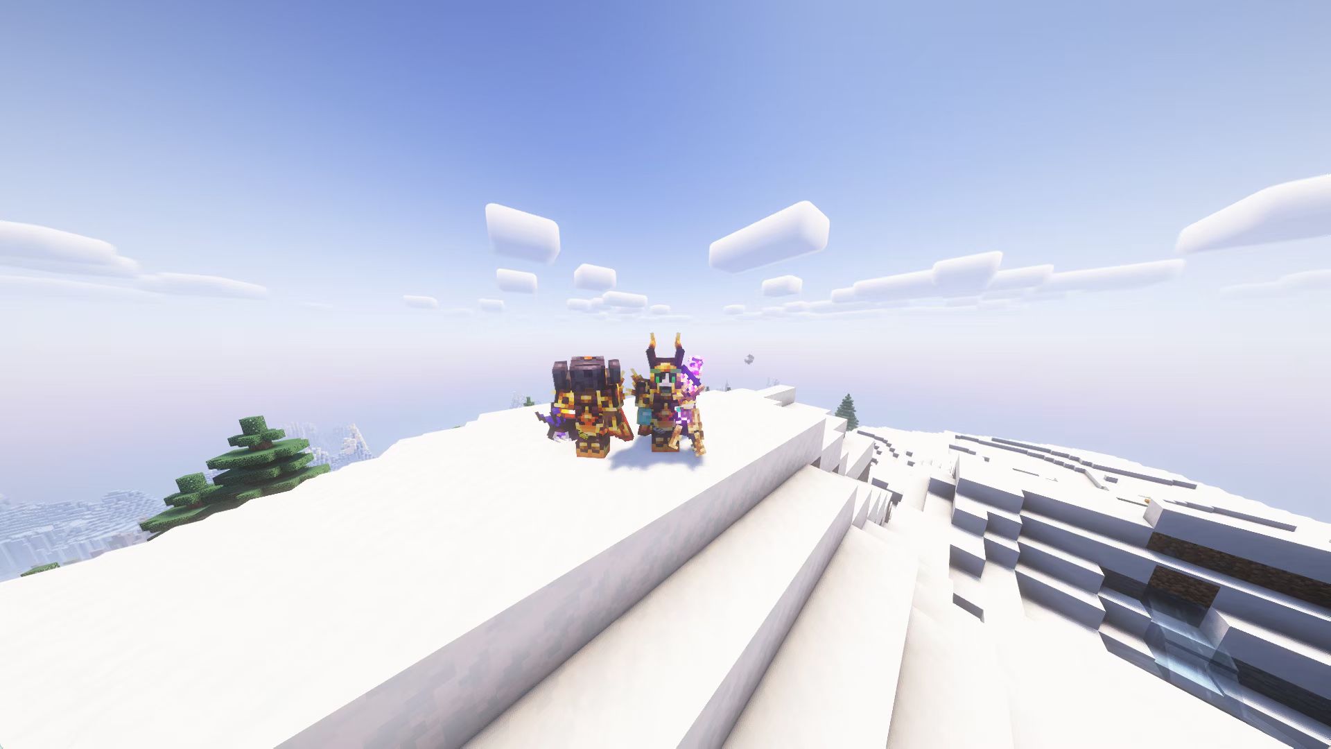 Minecraft 雪山上的两个玩家角色